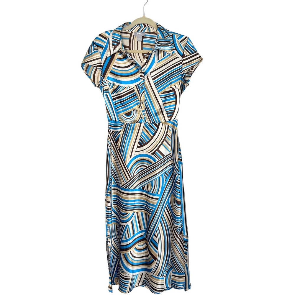 Women's y2K Old Navy 90s Button Down Short Sleeve Midi Dress Brown/Blue SZ S